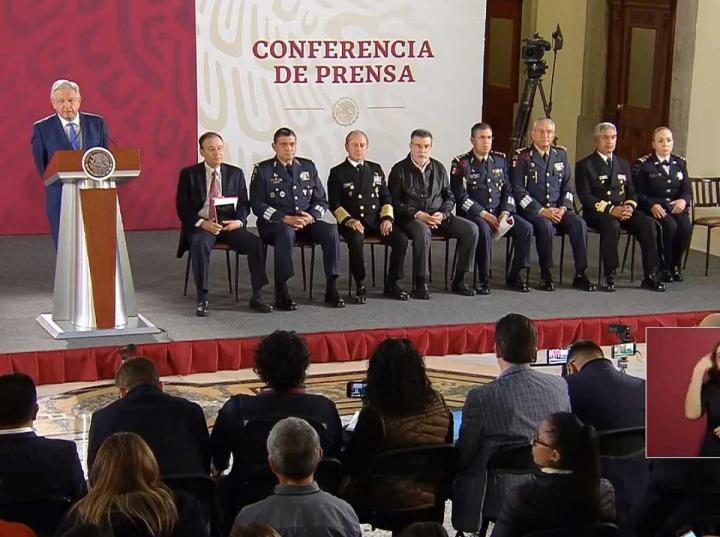 El presidente Andrés Manuel López Obrador al presentar a los integrantes del Estado Mayor y al comandante de la Guardia Nacional. Imagen: Captura de video