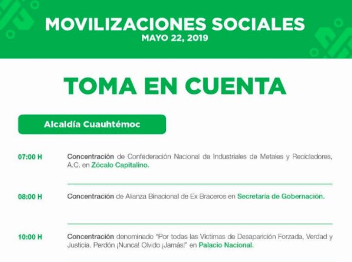 Se esperan nueve movilizaciones en Cuauhtémoc, Coyoacán y Álvaro Obregón · FOTO TW: @C5_CDMX