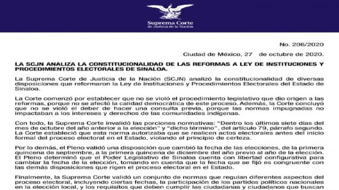 SCJN aprueba modificación electoral en Sinaloa. Noticias en tiempo real